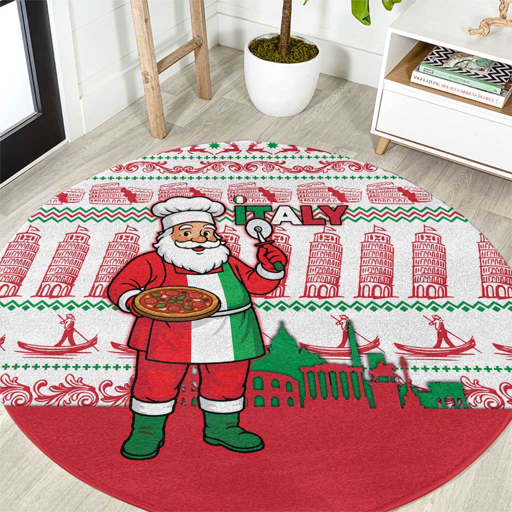 Italy Christmas Round Carpet with Pizza Chef Santa Leaning Tower Colosseum and Red Green Holiday Pattern Design - Wonder Print Shop