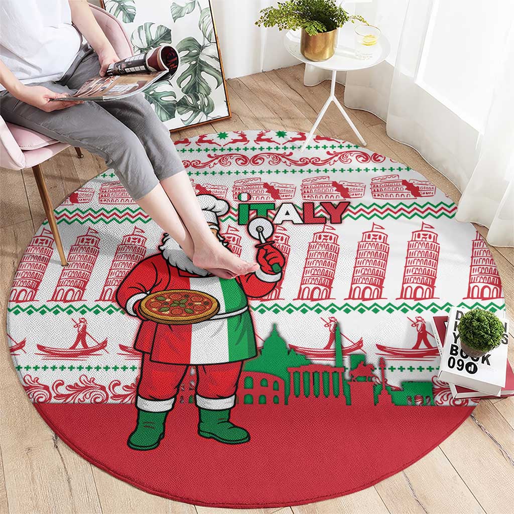 Italy Christmas Round Carpet with Pizza Chef Santa Leaning Tower Colosseum and Red Green Holiday Pattern Design - Wonder Print Shop