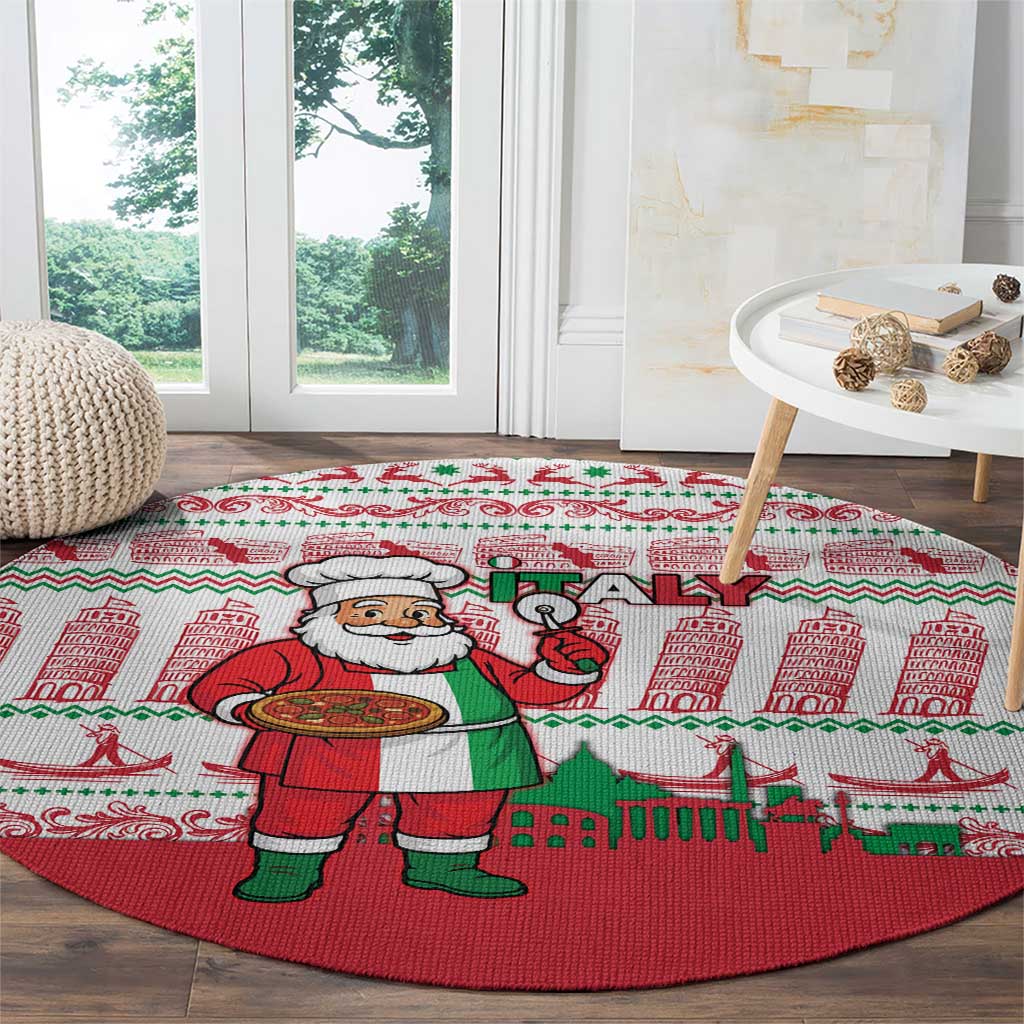 Italy Christmas Round Carpet with Pizza Chef Santa Leaning Tower Colosseum and Red Green Holiday Pattern Design - Wonder Print Shop