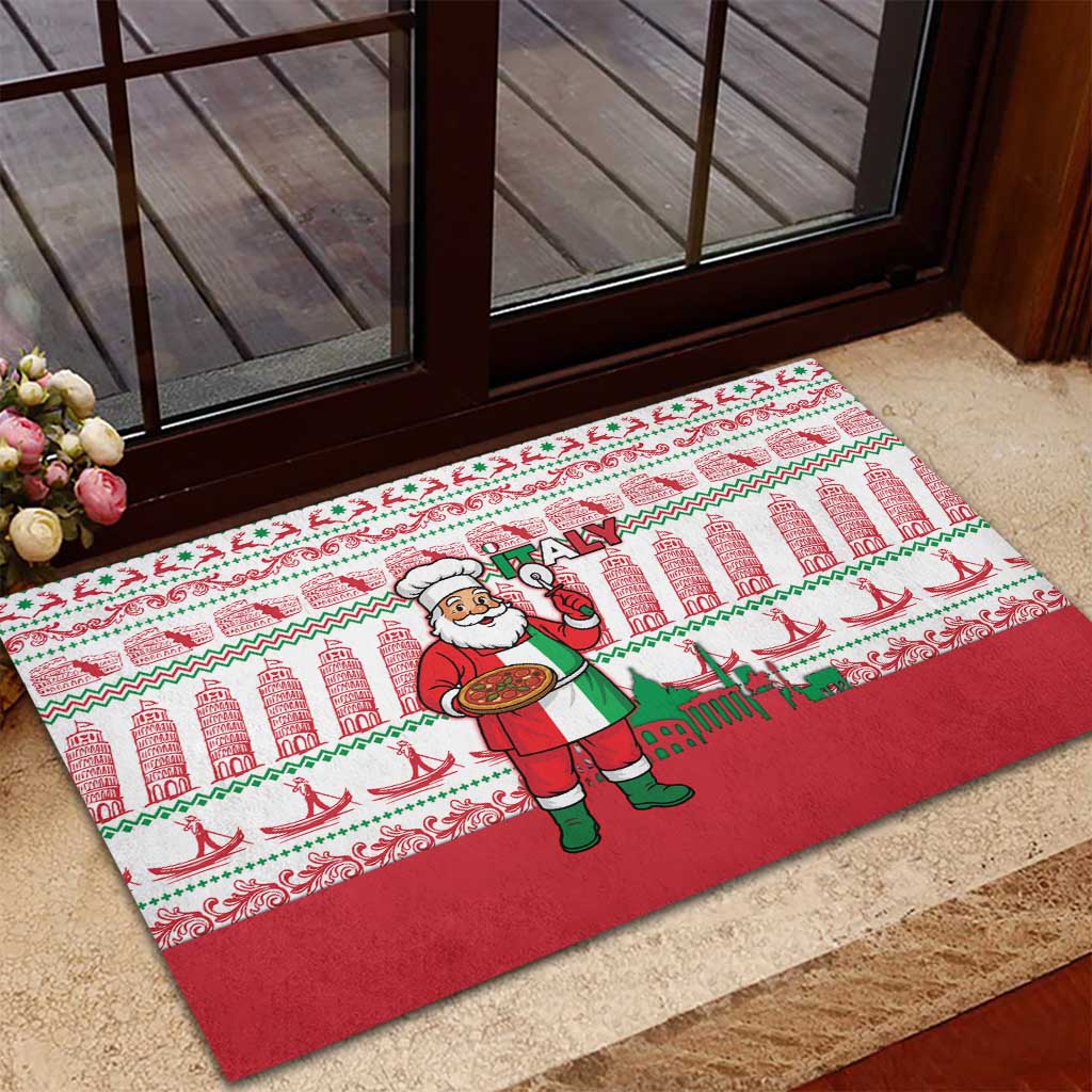 Italy Christmas Rubber Doormat with Pizza Chef Santa Leaning Tower Colosseum and Red Green Holiday Pattern Design - Wonder Print Shop