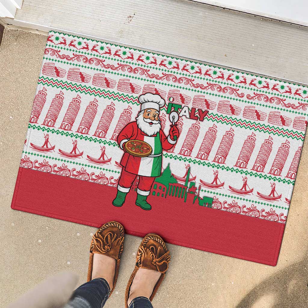 Italy Christmas Rubber Doormat with Pizza Chef Santa Leaning Tower Colosseum and Red Green Holiday Pattern Design - Wonder Print Shop
