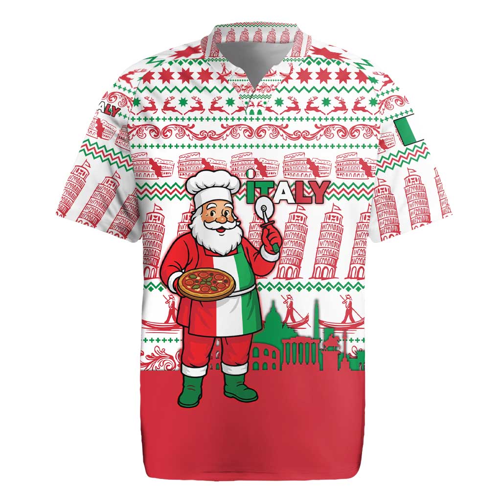 Italy Christmas Rugby Jersey with Pizza Chef Santa Leaning Tower Colosseum and Red Green Holiday Pattern Design - Wonder Print Shop