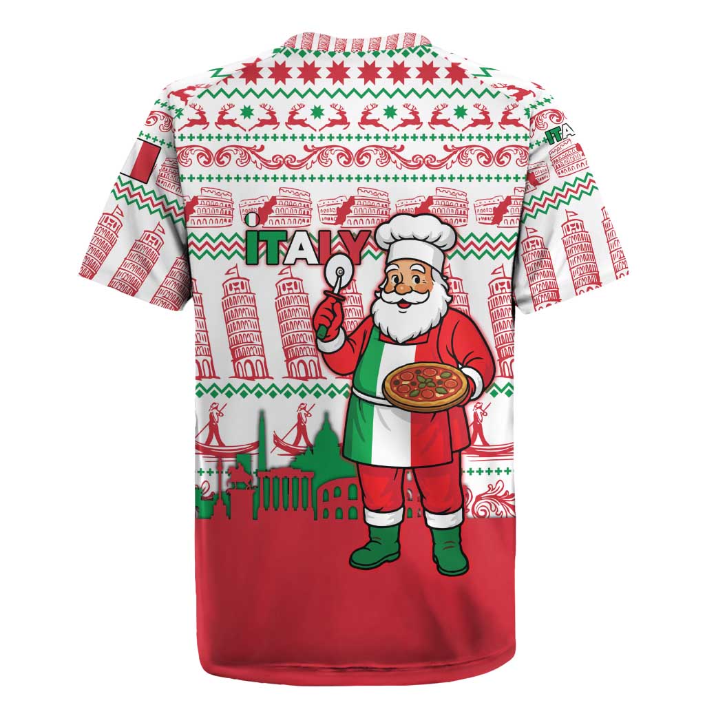 Italy Christmas Rugby Jersey with Pizza Chef Santa Leaning Tower Colosseum and Red Green Holiday Pattern Design - Wonder Print Shop