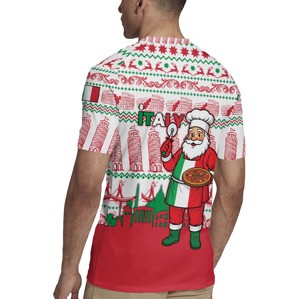 Italy Christmas Rugby Jersey with Pizza Chef Santa Leaning Tower Colosseum and Red Green Holiday Pattern Design - Wonder Print Shop