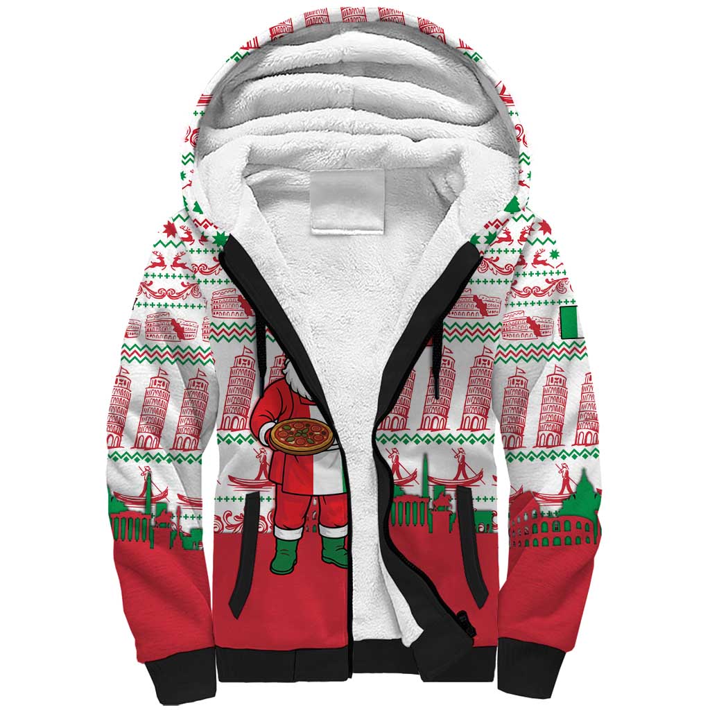 Italy Christmas Sherpa Hoodie with Pizza Chef Santa Leaning Tower Colosseum and Red Green Holiday Pattern Design - Wonder Print Shop