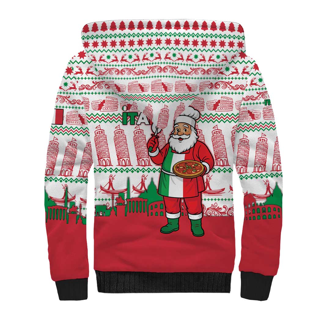 Italy Christmas Sherpa Hoodie with Pizza Chef Santa Leaning Tower Colosseum and Red Green Holiday Pattern Design - Wonder Print Shop