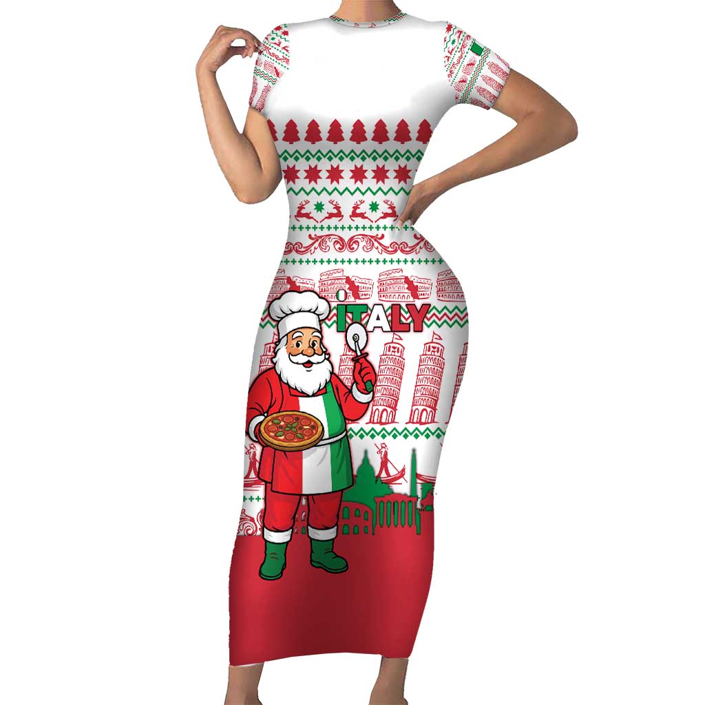 Italy Christmas Short Sleeve Bodycon Dress with Pizza Chef Santa Leaning Tower Colosseum and Red Green Holiday Pattern Design - Wonder Print Shop