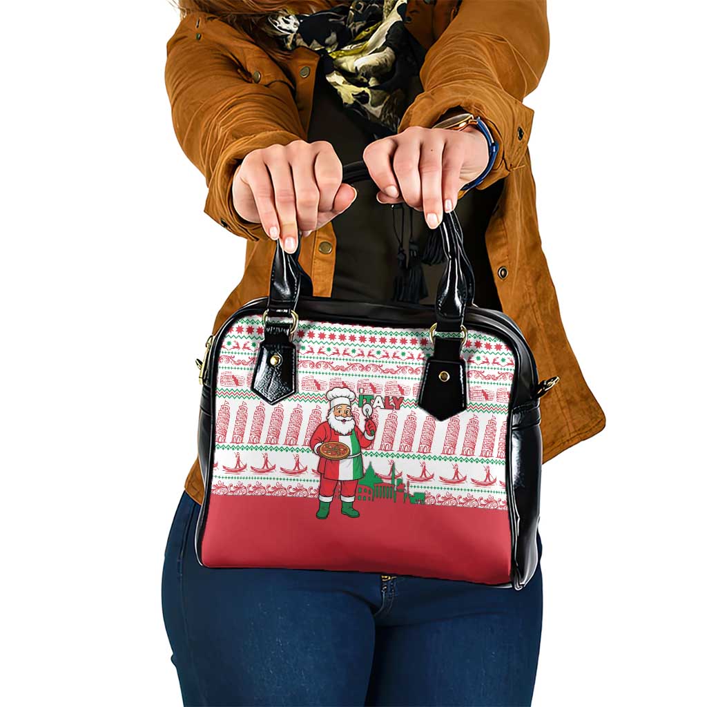 Italy Christmas Shoulder Handbag with Pizza Chef Santa Leaning Tower Colosseum and Red Green Holiday Pattern Design - Wonder Print Shop