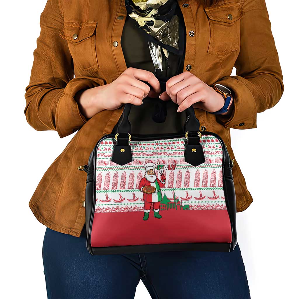 Italy Christmas Shoulder Handbag with Pizza Chef Santa Leaning Tower Colosseum and Red Green Holiday Pattern Design - Wonder Print Shop