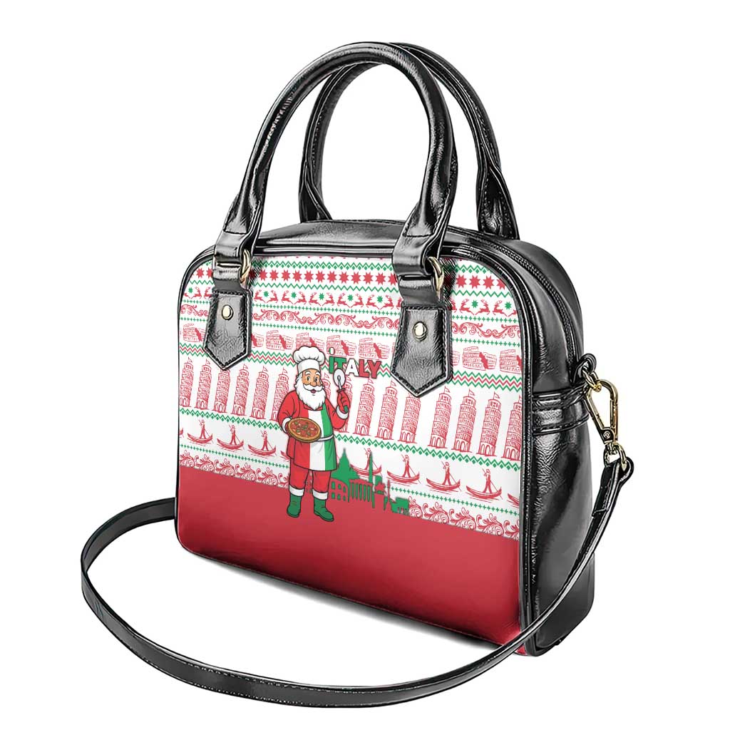 Italy Christmas Shoulder Handbag with Pizza Chef Santa Leaning Tower Colosseum and Red Green Holiday Pattern Design - Wonder Print Shop