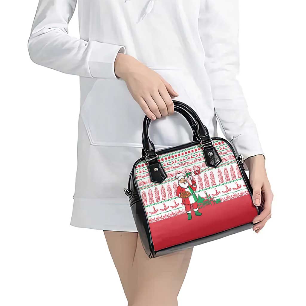 Italy Christmas Shoulder Handbag with Pizza Chef Santa Leaning Tower Colosseum and Red Green Holiday Pattern Design - Wonder Print Shop