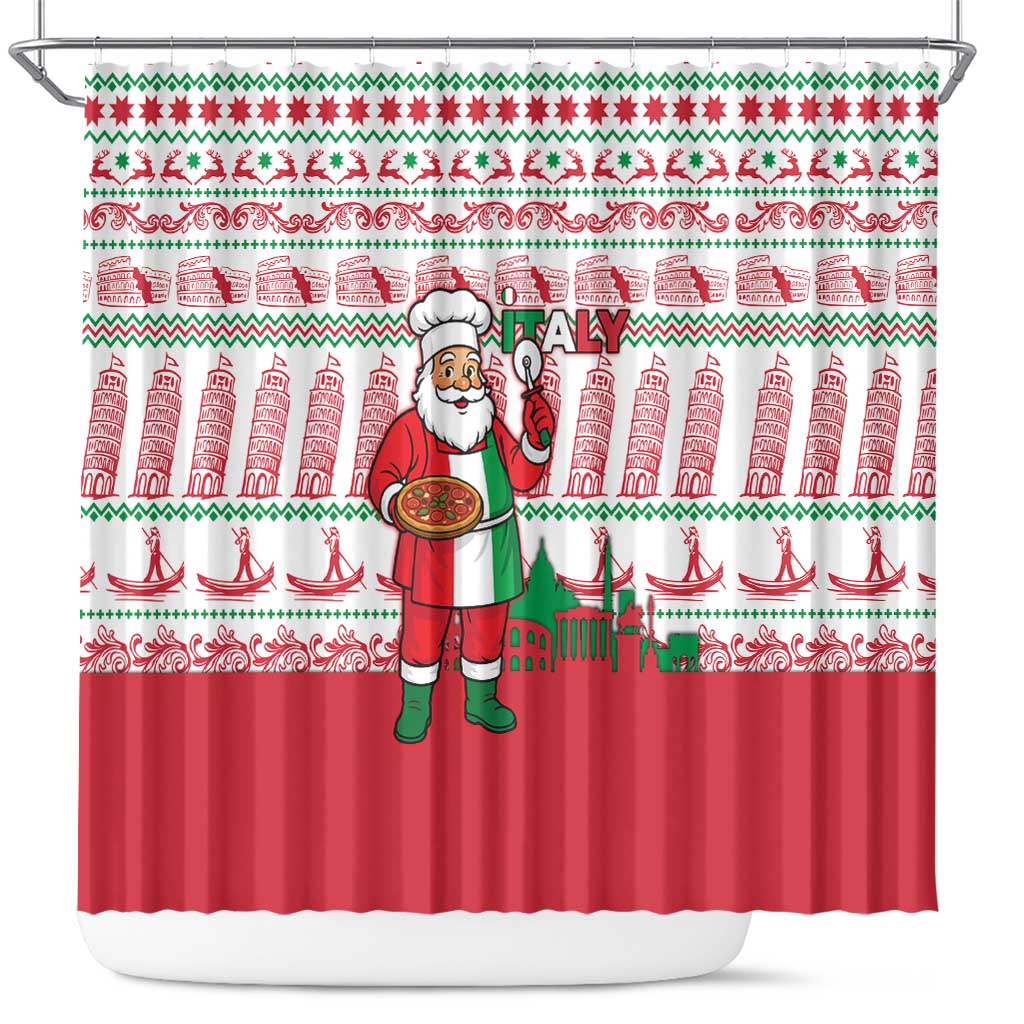 Italy Christmas Shower Curtain with Pizza Chef Santa Leaning Tower Colosseum and Red Green Holiday Pattern Design - Wonder Print Shop