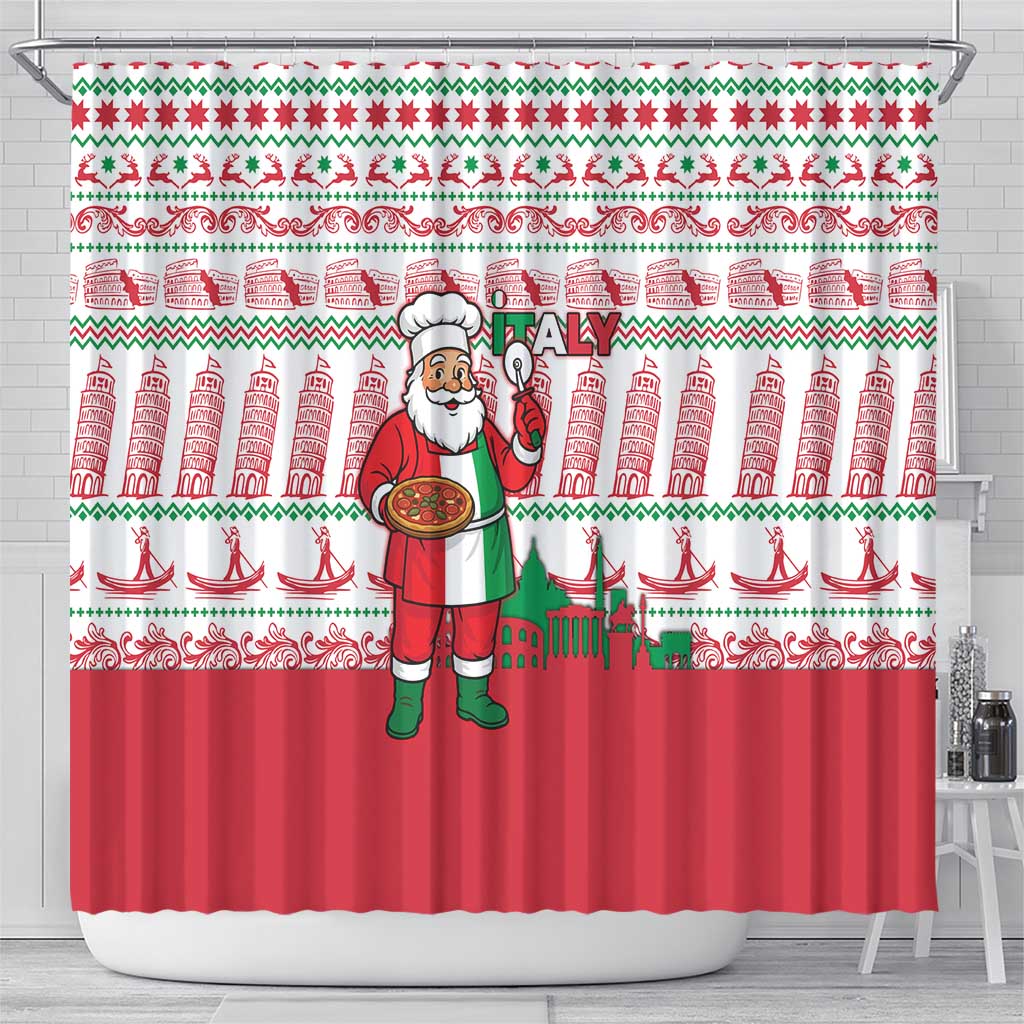 Italy Christmas Shower Curtain with Pizza Chef Santa Leaning Tower Colosseum and Red Green Holiday Pattern Design - Wonder Print Shop