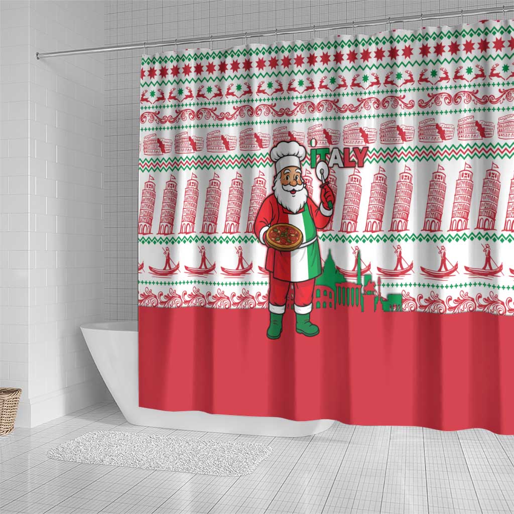 Italy Christmas Shower Curtain with Pizza Chef Santa Leaning Tower Colosseum and Red Green Holiday Pattern Design - Wonder Print Shop