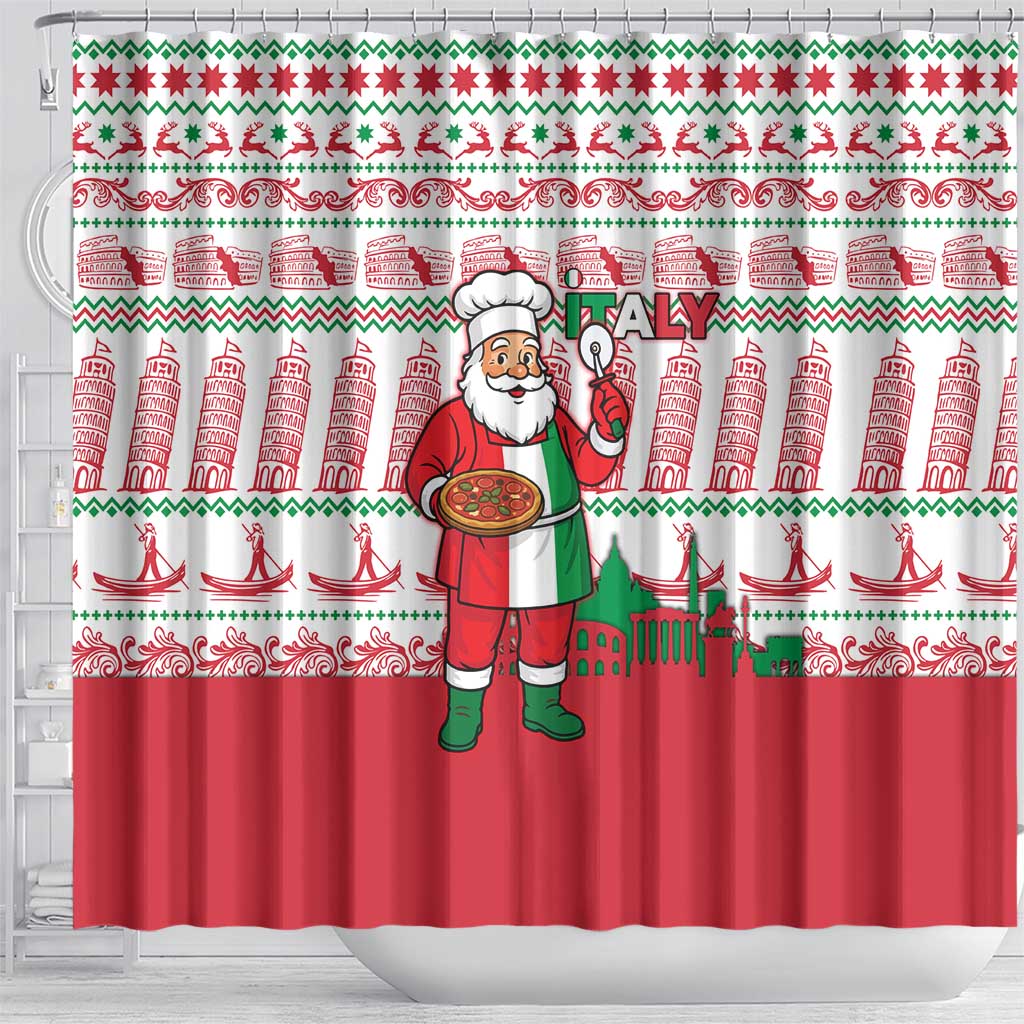Italy Christmas Shower Curtain with Pizza Chef Santa Leaning Tower Colosseum and Red Green Holiday Pattern Design - Wonder Print Shop