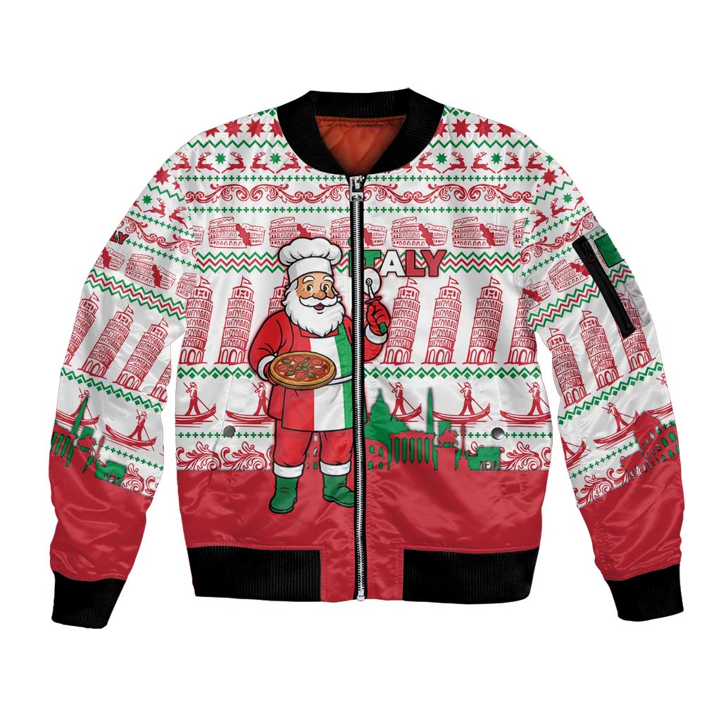 Italy Christmas Sleeve Zip Bomber Jacket with Pizza Chef Santa Leaning Tower Colosseum and Red Green Holiday Pattern Design - Wonder Print Shop