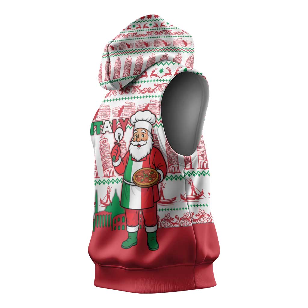 Italy Christmas Sleeveless Hoodie with Pizza Chef Santa Leaning Tower Colosseum and Red Green Holiday Pattern Design - Wonder Print Shop