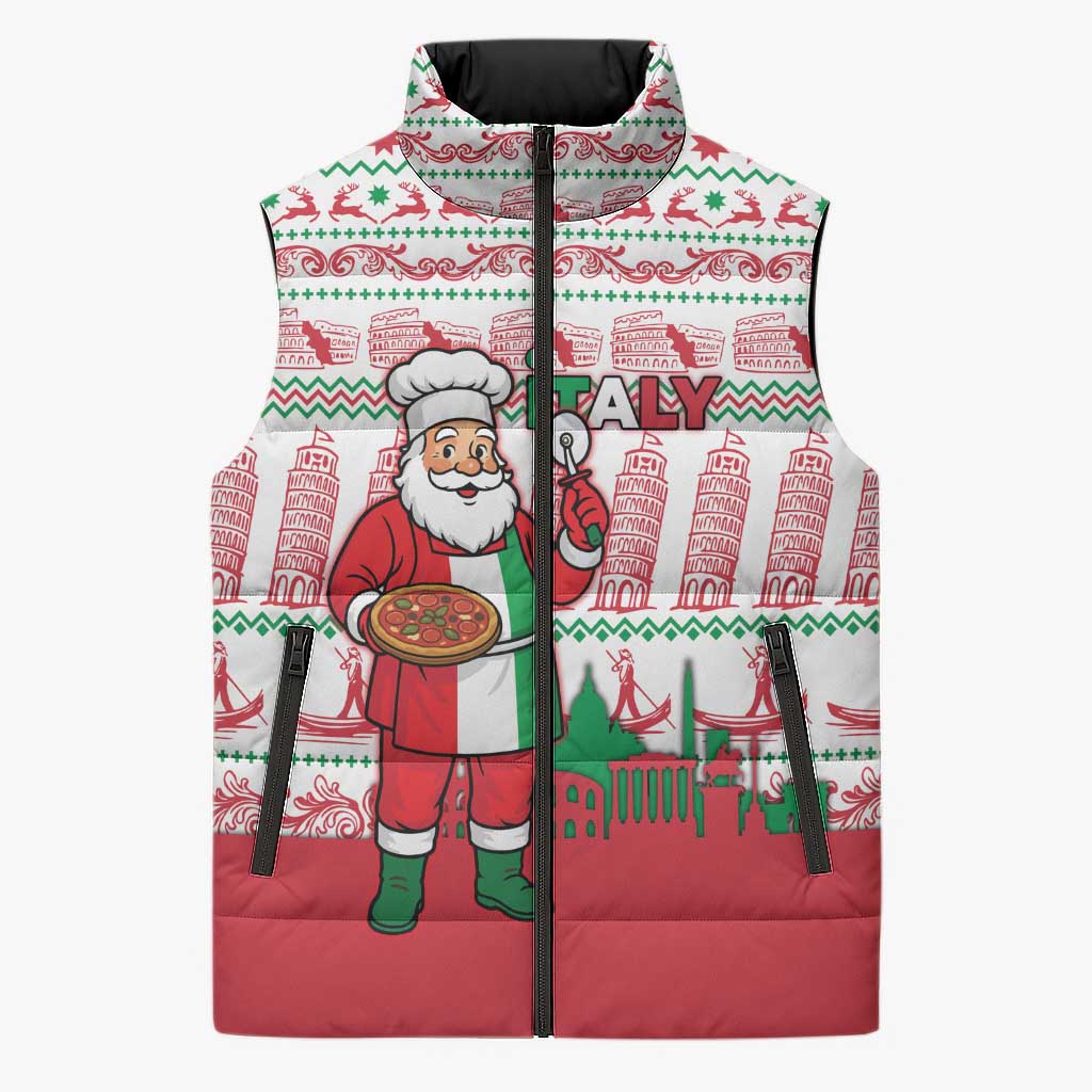 Italy Christmas Sleeveless Puffer Jacket with Pizza Chef Santa Leaning Tower Colosseum and Red Green Holiday Pattern Design - Wonder Print Shop