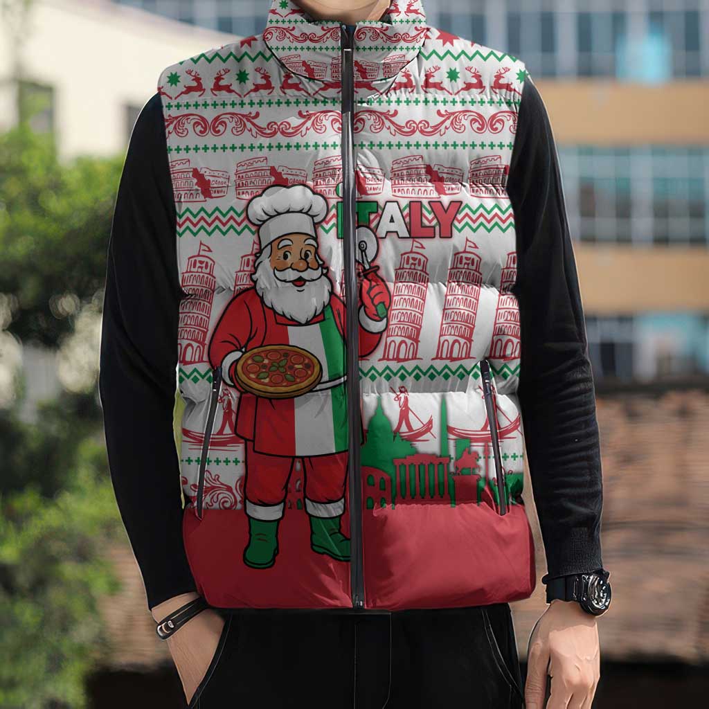 Italy Christmas Sleeveless Puffer Jacket with Pizza Chef Santa Leaning Tower Colosseum and Red Green Holiday Pattern Design - Wonder Print Shop