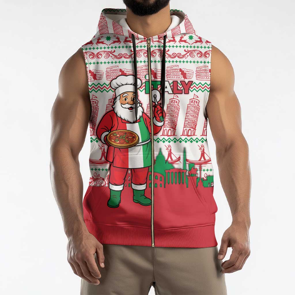 Italy Christmas Sleeveless Zip Hoodie with Pizza Chef Santa Leaning Tower Colosseum and Red Green Holiday Pattern Design - Wonder Print Shop