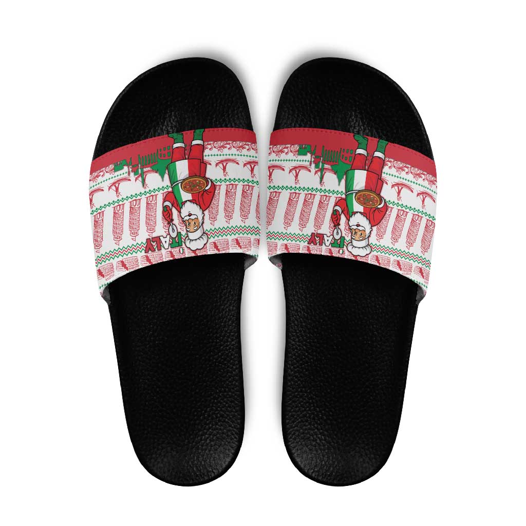 Italy Christmas Slide Sandals with Pizza Chef Santa Leaning Tower Colosseum and Red Green Holiday Pattern Design - Wonder Print Shop