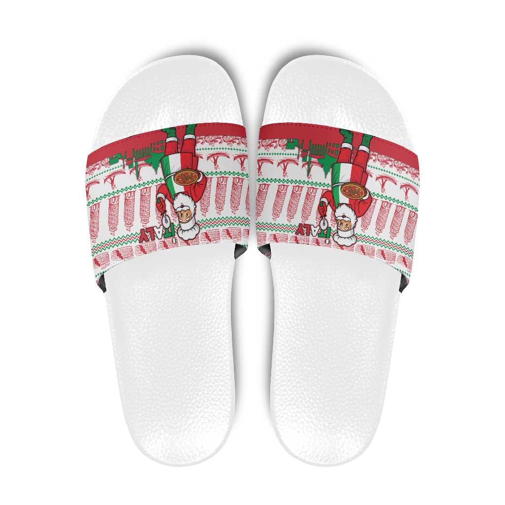 Italy Christmas Slide Sandals with Pizza Chef Santa Leaning Tower Colosseum and Red Green Holiday Pattern Design - Wonder Print Shop