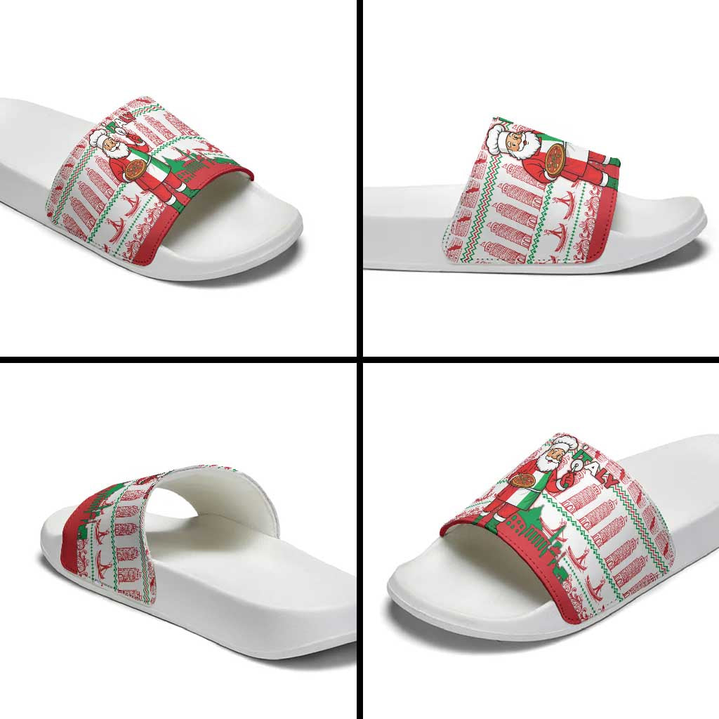 Italy Christmas Slide Sandals with Pizza Chef Santa Leaning Tower Colosseum and Red Green Holiday Pattern Design - Wonder Print Shop