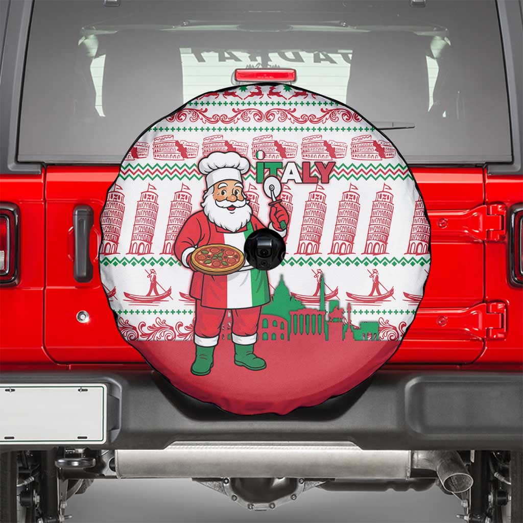 Italy Christmas Spare Tire Cover with Pizza Chef Santa Leaning Tower Colosseum and Red Green Holiday Pattern Design - Wonder Print Shop