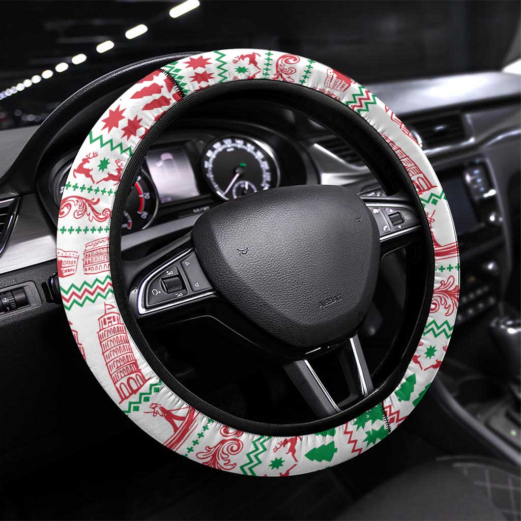 Italy Christmas Steering Wheel Cover with Pizza Chef Santa Leaning Tower Colosseum and Red Green Holiday Pattern Design - Wonder Print Shop