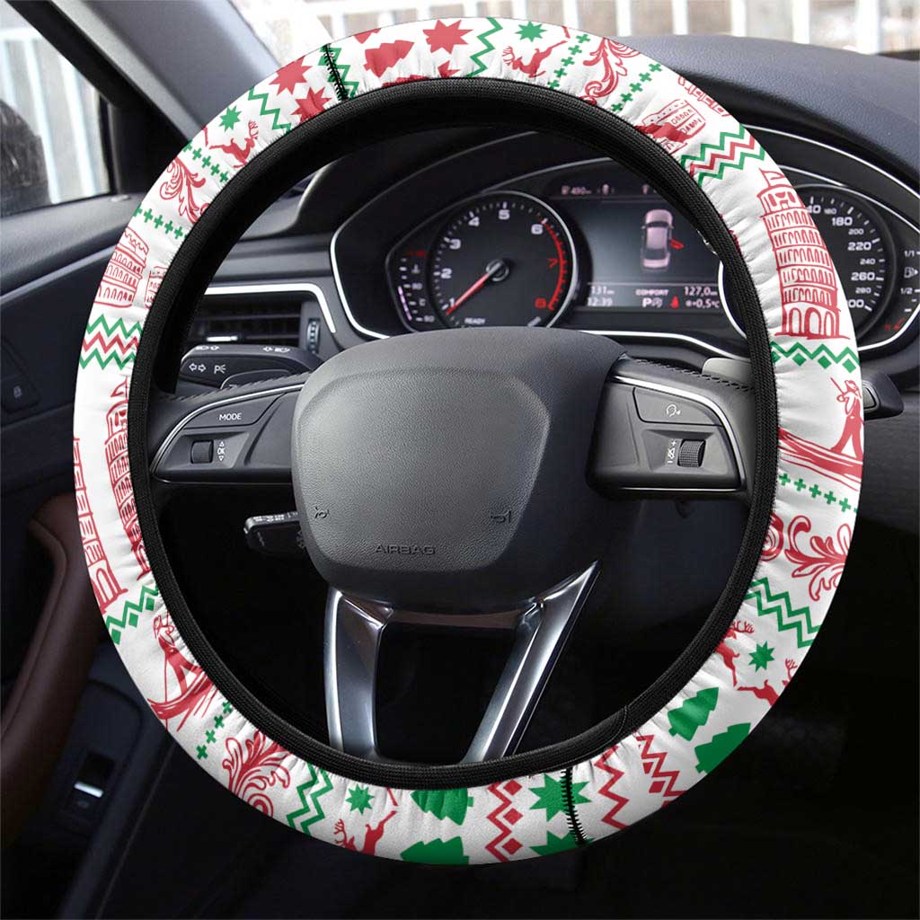 Italy Christmas Steering Wheel Cover with Pizza Chef Santa Leaning Tower Colosseum and Red Green Holiday Pattern Design - Wonder Print Shop