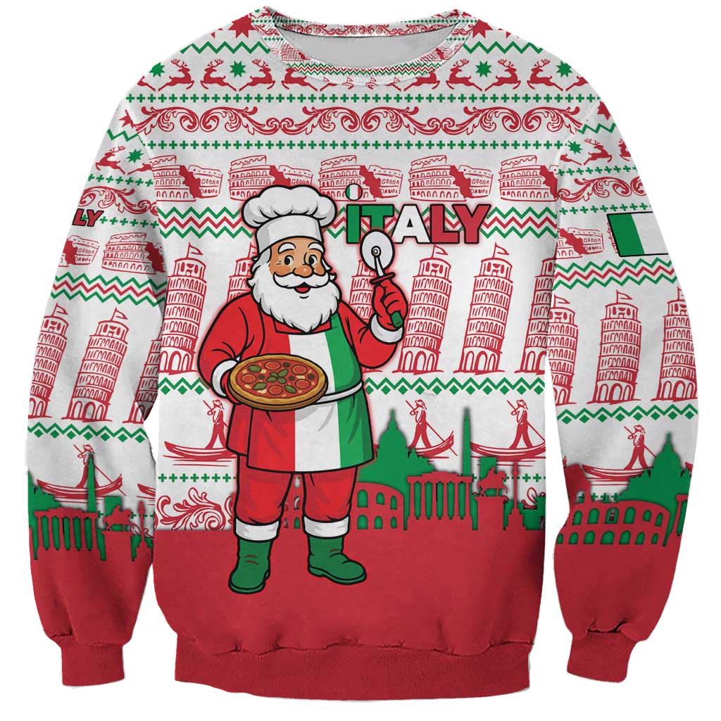 Italy Christmas Sweatshirt with Pizza Chef Santa Leaning Tower Colosseum and Red Green Holiday Pattern Design - Wonder Print Shop