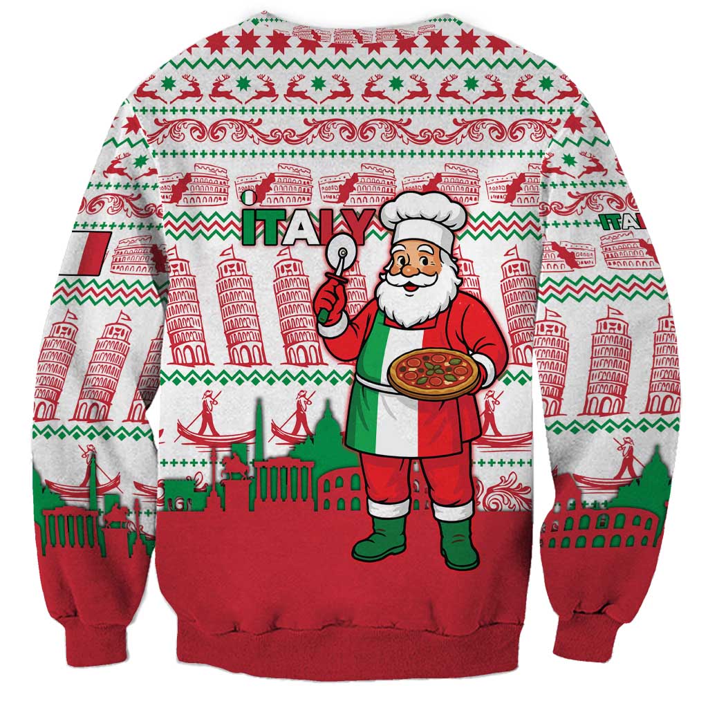 Italy Christmas Sweatshirt with Pizza Chef Santa Leaning Tower Colosseum and Red Green Holiday Pattern Design - Wonder Print Shop