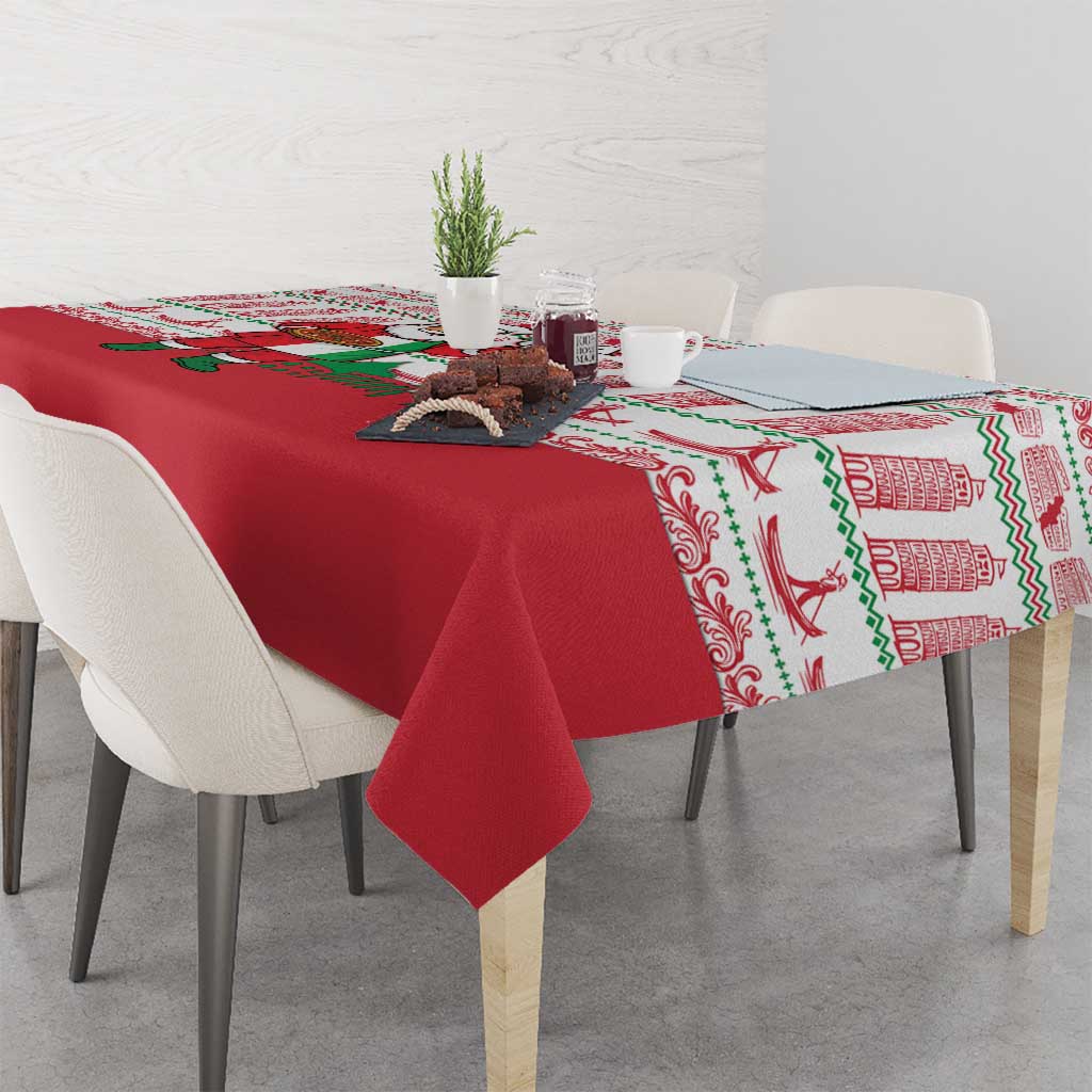 Italy Christmas Tablecloth with Pizza Chef Santa Leaning Tower Colosseum and Red Green Holiday Pattern Design - Wonder Print Shop