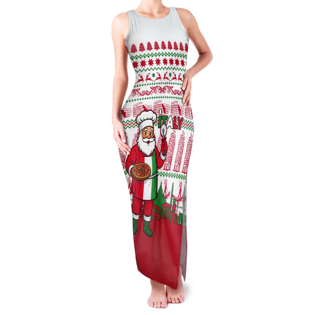 Italy Christmas Tank Maxi Dress with Pizza Chef Santa Leaning Tower Colosseum and Red Green Holiday Pattern Design - Wonder Print Shop