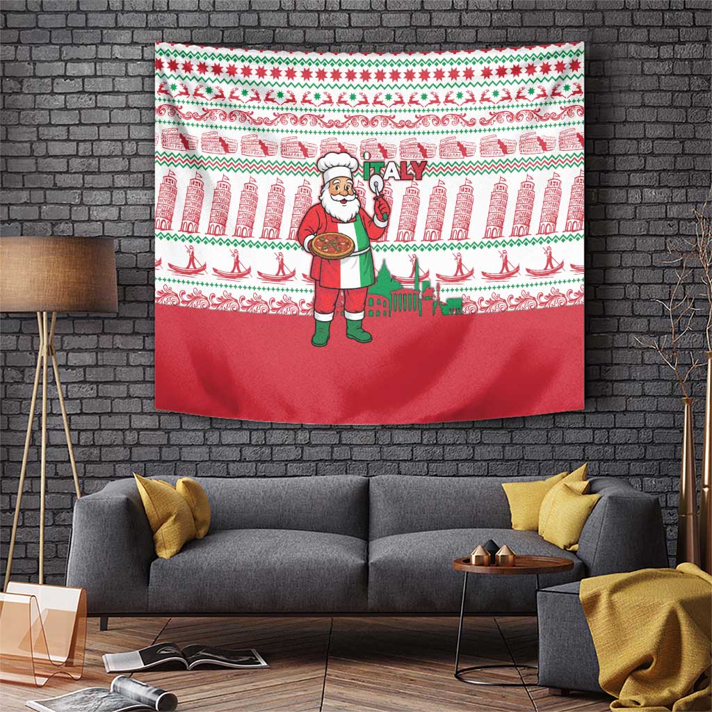 Italy Christmas Tapestry with Pizza Chef Santa Leaning Tower Colosseum and Red Green Holiday Pattern Design - Wonder Print Shop