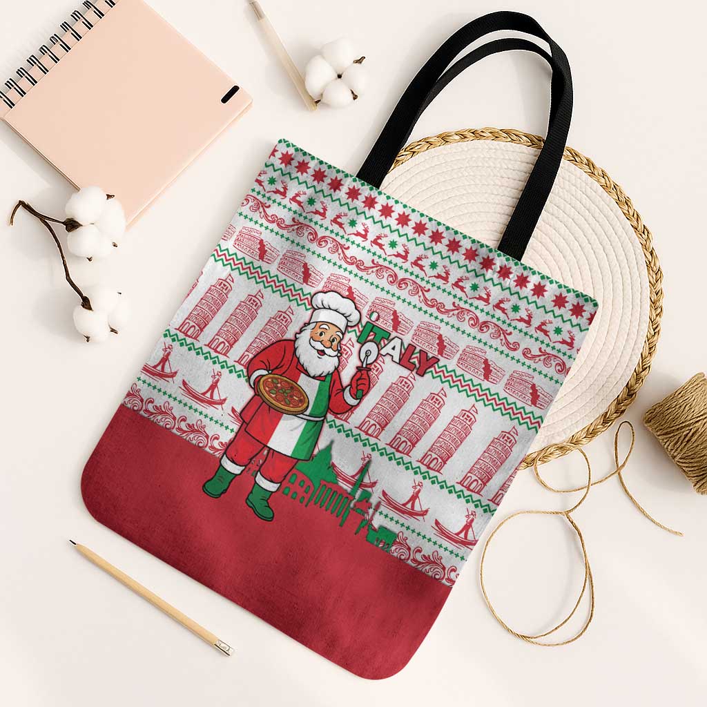 Italy Christmas Tote Bag with Pizza Chef Santa Leaning Tower Colosseum and Red Green Holiday Pattern Design - Wonder Print Shop