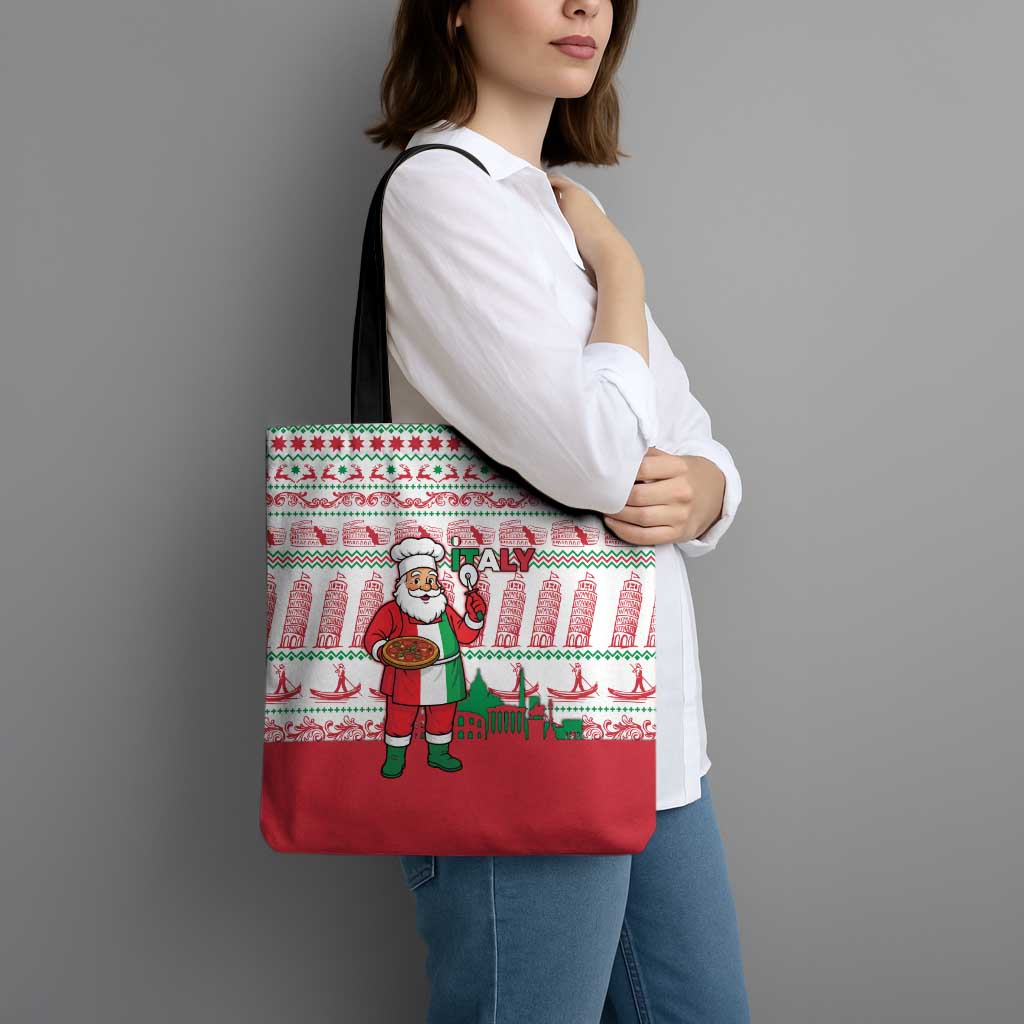 Italy Christmas Tote Bag with Pizza Chef Santa Leaning Tower Colosseum and Red Green Holiday Pattern Design - Wonder Print Shop
