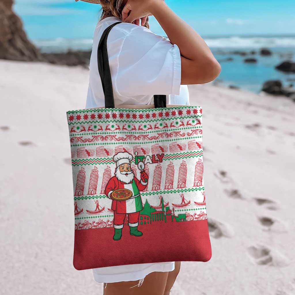 Italy Christmas Tote Bag with Pizza Chef Santa Leaning Tower Colosseum and Red Green Holiday Pattern Design - Wonder Print Shop