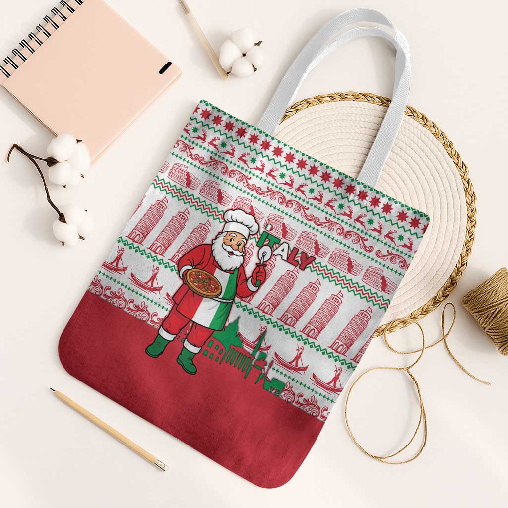 Italy Christmas Tote Bag with Pizza Chef Santa Leaning Tower Colosseum and Red Green Holiday Pattern Design - Wonder Print Shop