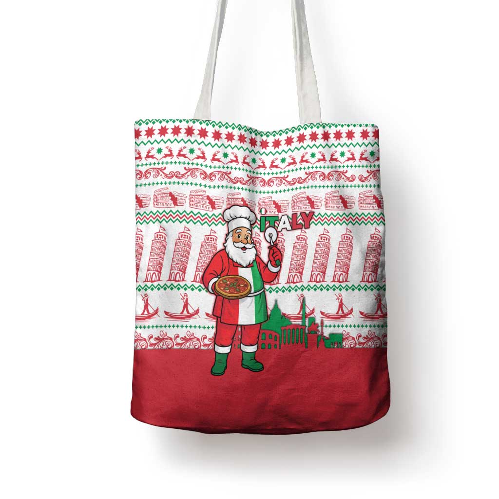 Italy Christmas Tote Bag with Pizza Chef Santa Leaning Tower Colosseum and Red Green Holiday Pattern Design - Wonder Print Shop