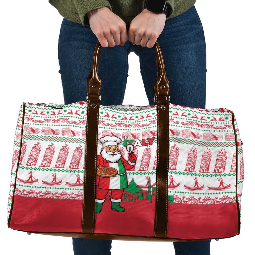 Italy Christmas Travel Bag with Pizza Chef Santa Leaning Tower Colosseum and Red Green Holiday Pattern Design - Wonder Print Shop