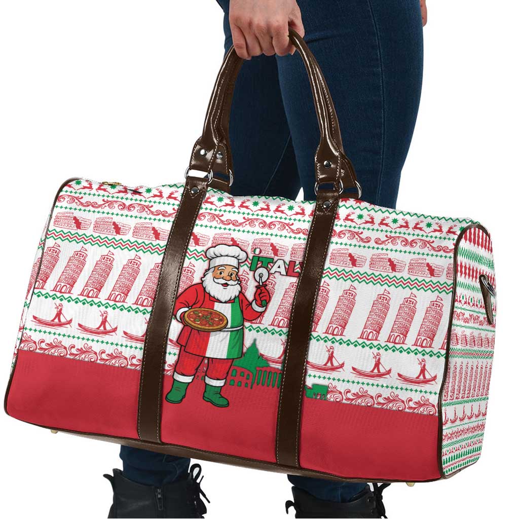 Italy Christmas Travel Bag with Pizza Chef Santa Leaning Tower Colosseum and Red Green Holiday Pattern Design - Wonder Print Shop