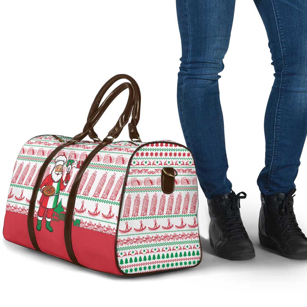 Italy Christmas Travel Bag with Pizza Chef Santa Leaning Tower Colosseum and Red Green Holiday Pattern Design - Wonder Print Shop