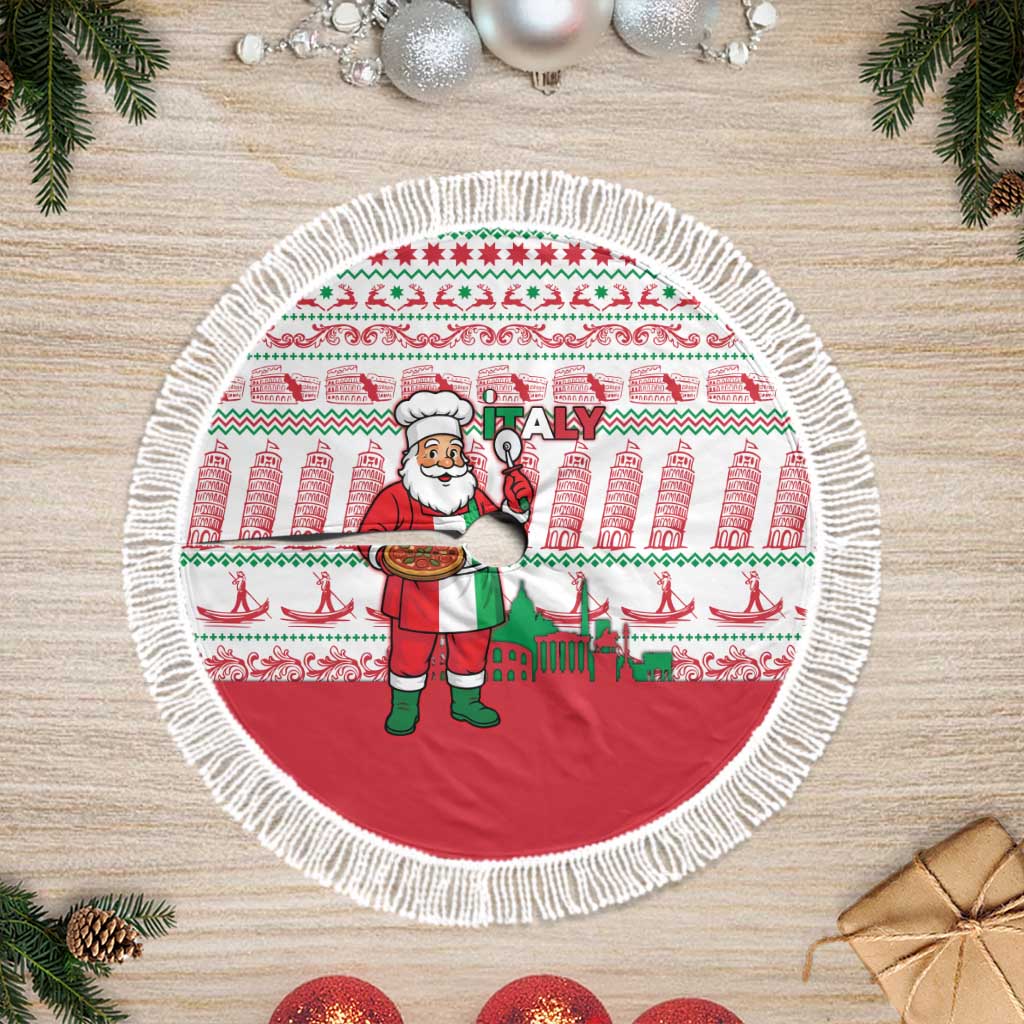 Italy Christmas Tree Skirt with Pizza Chef Santa Leaning Tower Colosseum and Red Green Holiday Pattern Design - Wonder Print Shop