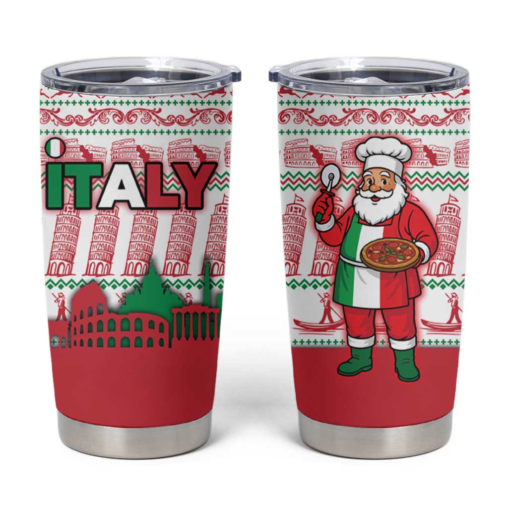 Italy Christmas Tumbler Cup with Pizza Chef Santa Leaning Tower Colosseum and Red Green Holiday Pattern Design - Wonder Print Shop