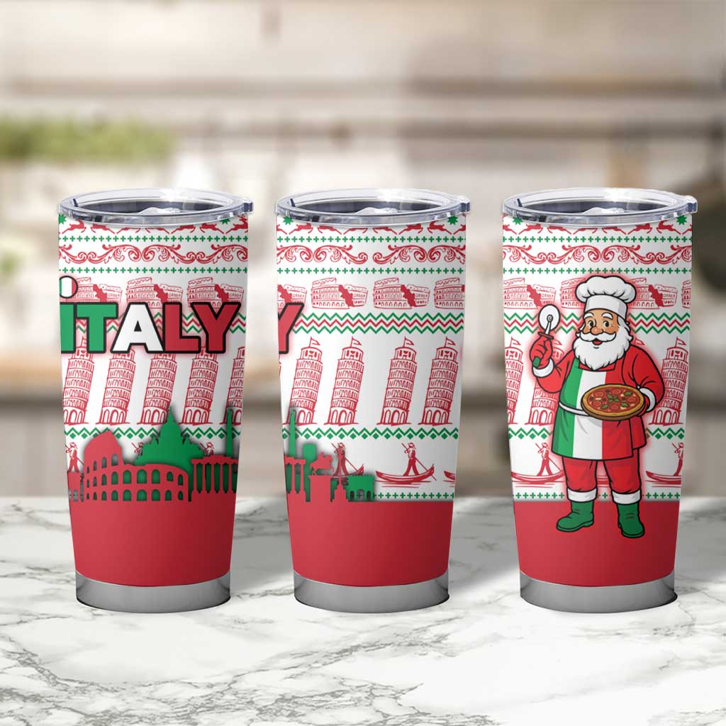 Italy Christmas Tumbler Cup with Pizza Chef Santa Leaning Tower Colosseum and Red Green Holiday Pattern Design - Wonder Print Shop
