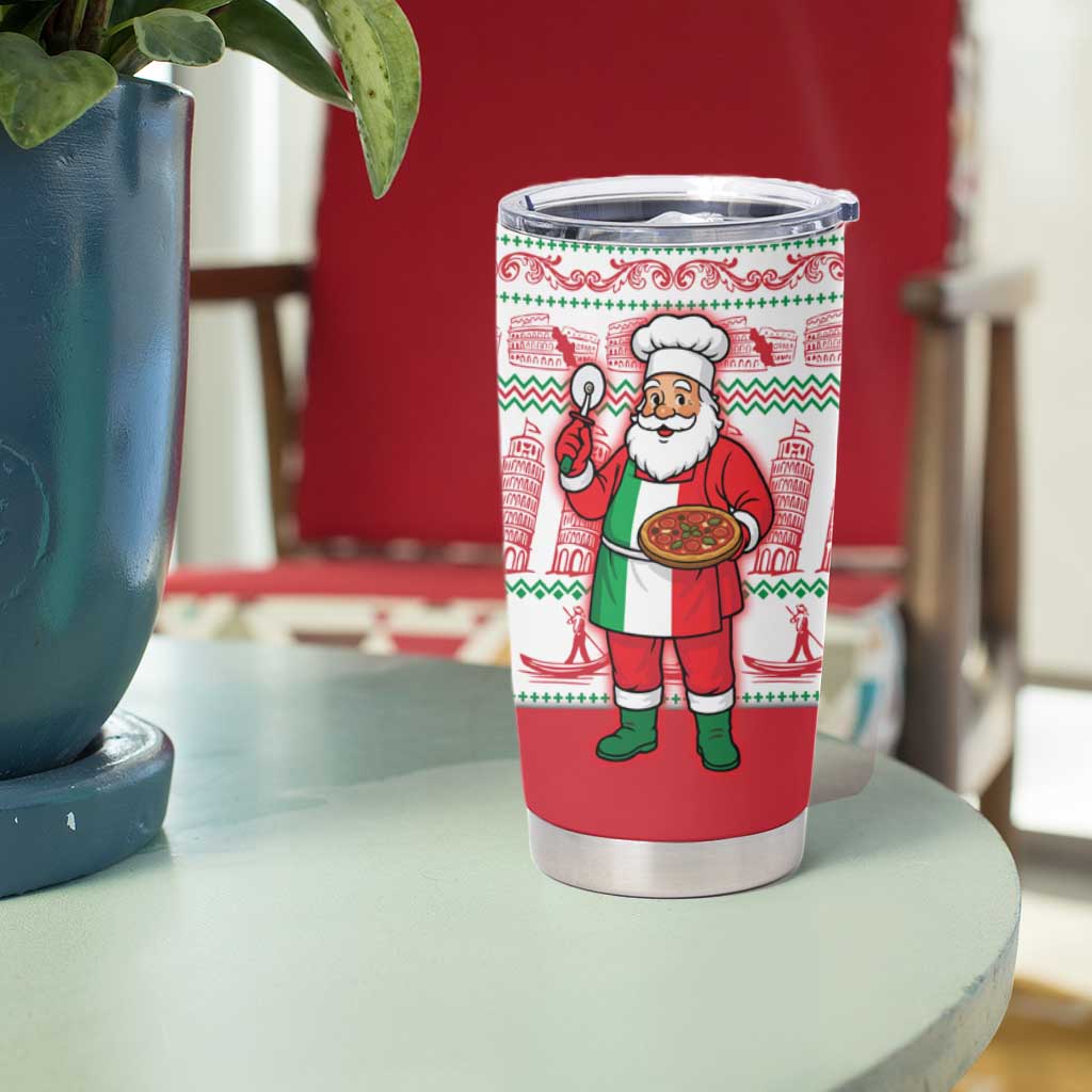Italy Christmas Tumbler Cup with Pizza Chef Santa Leaning Tower Colosseum and Red Green Holiday Pattern Design - Wonder Print Shop