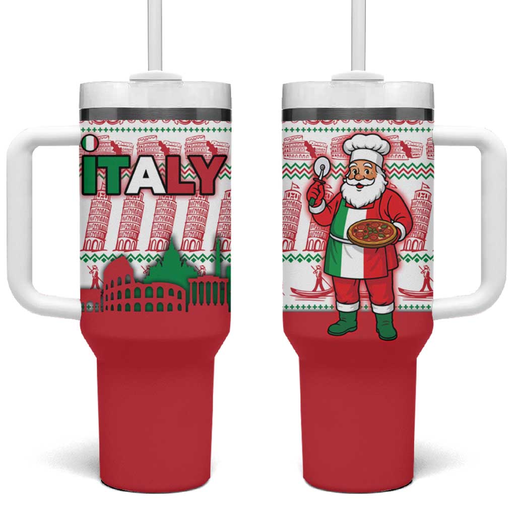 Italy Christmas Tumbler With Handle with Pizza Chef Santa Leaning Tower Colosseum and Red Green Holiday Pattern Design - Wonder Print Shop