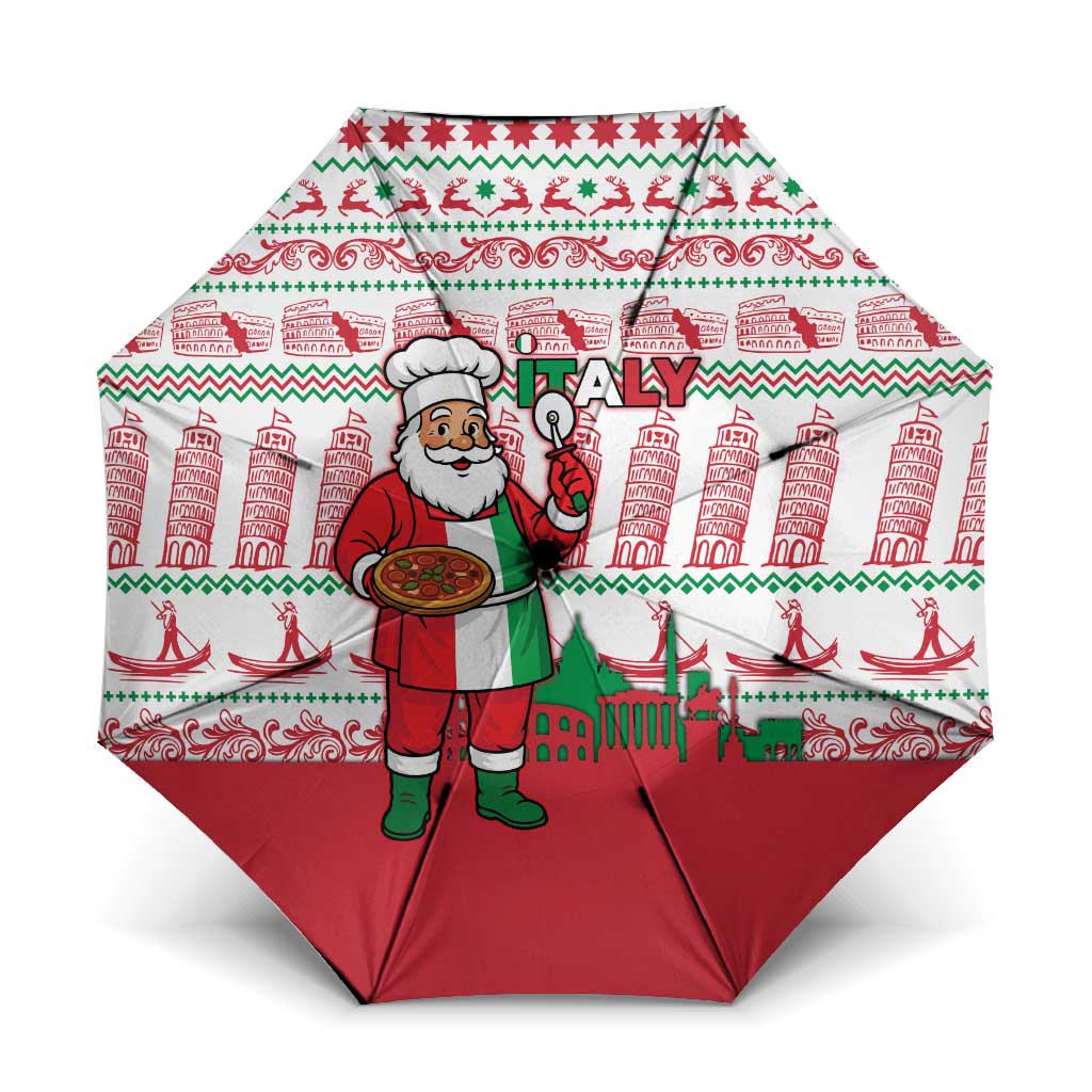 Italy Christmas Umbrella with Pizza Chef Santa Leaning Tower Colosseum and Red Green Holiday Pattern Design - Wonder Print Shop