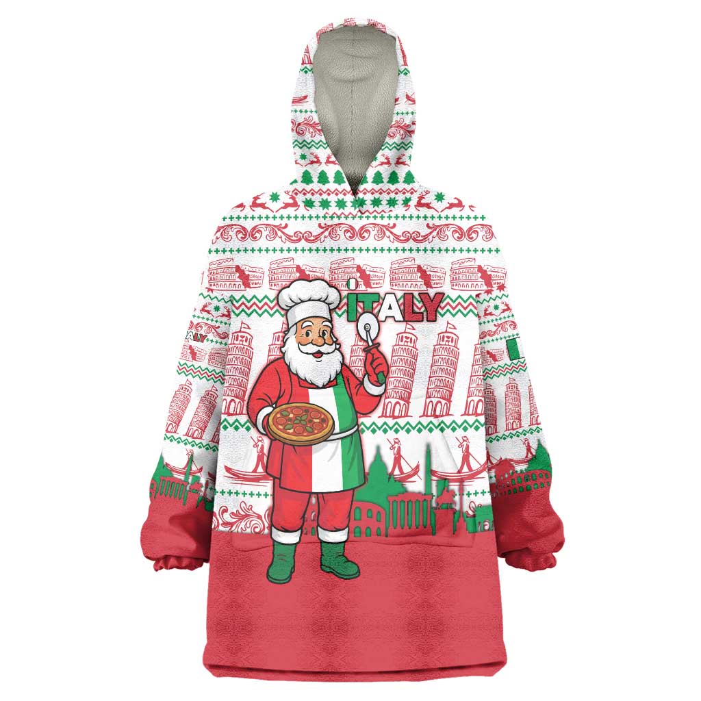 Italy Christmas Wearable Blanket Hoodie with Pizza Chef Santa Leaning Tower Colosseum and Red Green Holiday Pattern Design - Wonder Print Shop